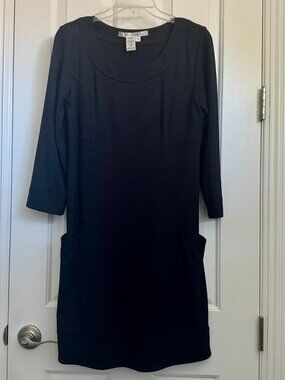 Max Studio Black 3/4 Long Sleeve Dress Tunic Side Pockets w/Piping Seams  Sz S